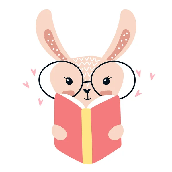 Gözlük Okuma Kitabı Giyen Sevimli Tavşan Vektör Sanat — Stok Vektör