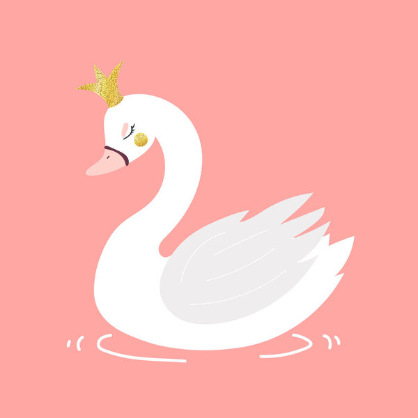 vector art, white cartoon swan with crown 