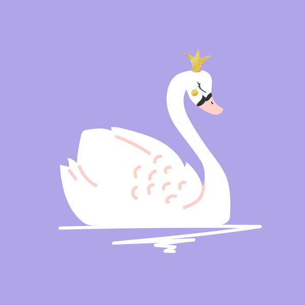 vector art, white cartoon swan with crown 