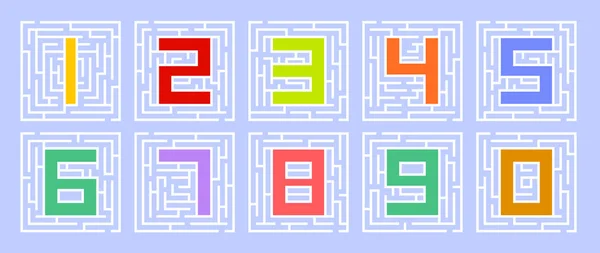 Jeu Vecteur Illustration Créative Labyrinthes Carrés Avec Des Nombres — Image vectorielle