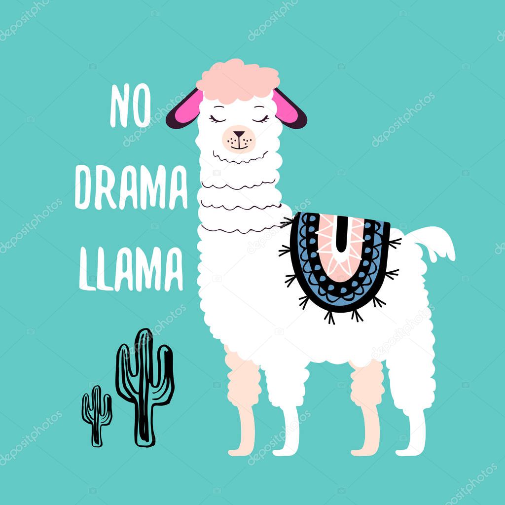 vector art of llama animal near cactus plants, no drama llama 