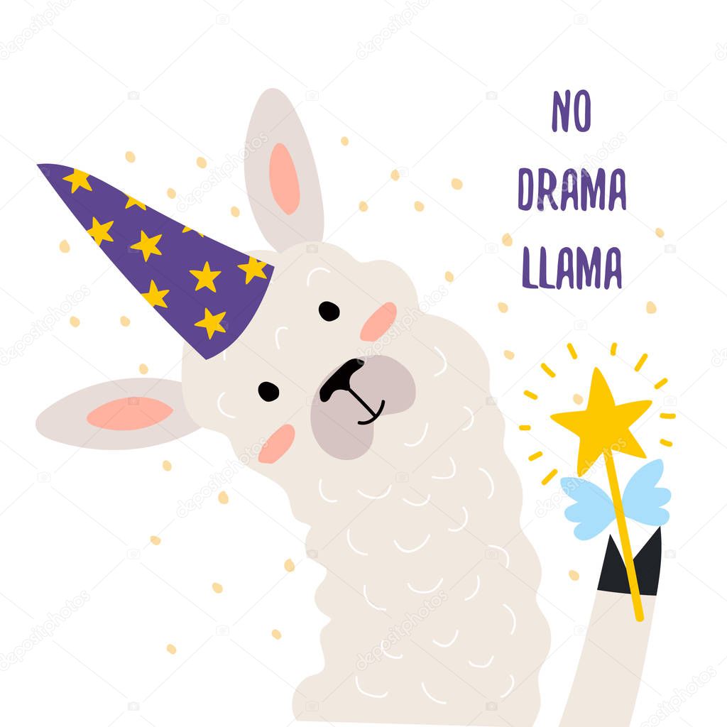 vector art of llama animal with fairy stick, no drama llama 