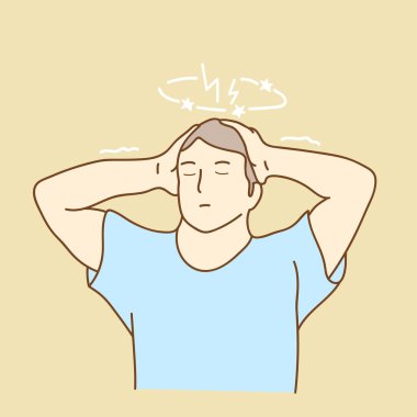 Baş ağrısı olan, iki eliyle başını tutan adamın portresi