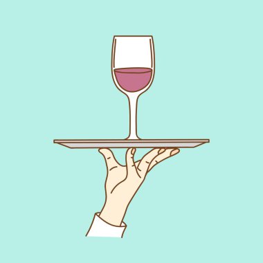 Garson el kırmızı şarap cam ile tepsi tutma