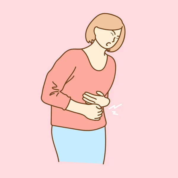 Woman Having Abdominal Pain Holding Stomach Both Hands — Stock Vector