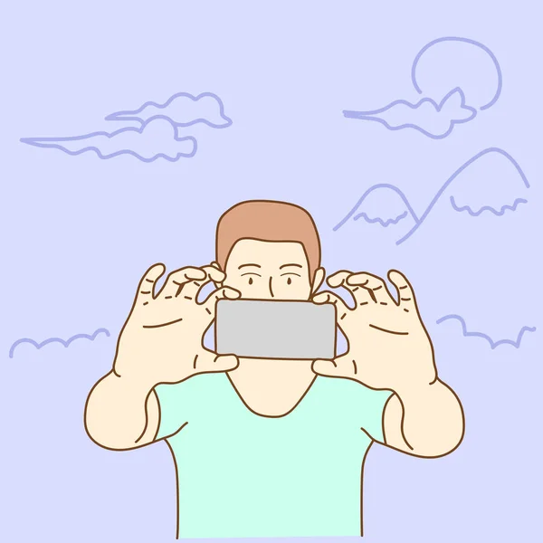 Hombre Haciendo Selfie Usando Smartphone — Vector de stock