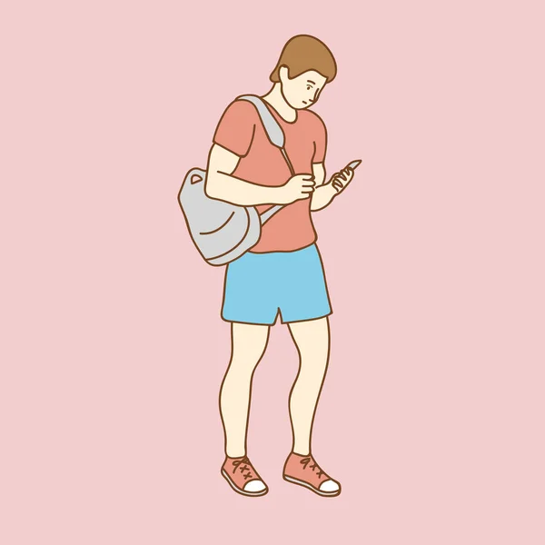 Hombre Con Mochila Usando Smartphone — Vector de stock