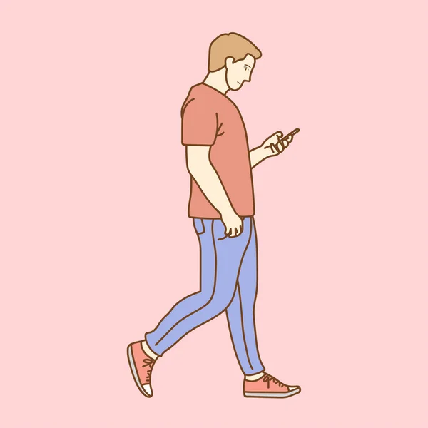 Caminante Hombre Usando Smartphone — Vector de stock