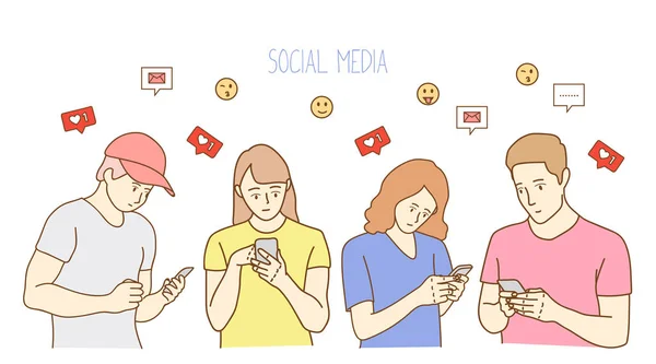 Groupe Jeunes Utilisant Les Smartphones Les Médias Sociaux — Image vectorielle