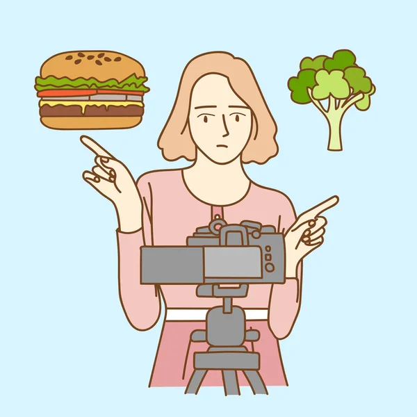 Vrouw Blogger Filmen Dieet Video Youtube Concept — Stockvector
