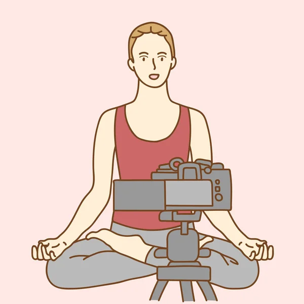 カメラの前でヨガをしている女性 Youtubeコンセプト — ストックベクタ