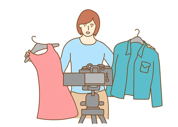 Mujer Mostrando Ropa Vlog Compras Concepto Youtube — Vector de stock