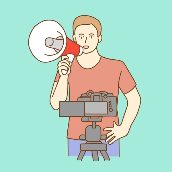 Hombre Hablando Usando Megáfono Pie Delante Cámara Concepto Youtube — Vector de stock