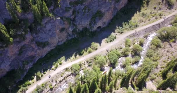 Blick von oben auf Höhle, Wald, Felsen und Straße. — Stockvideo