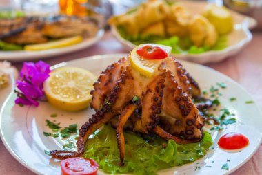 Sebze ile beyaz bir plaka üzerinde Izgara ahtapot.