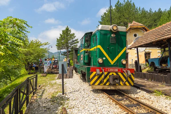 Locomotiva verde ferroviária de bitola estreita, Mokra Gora, Sérvia — Fotografia de Stock