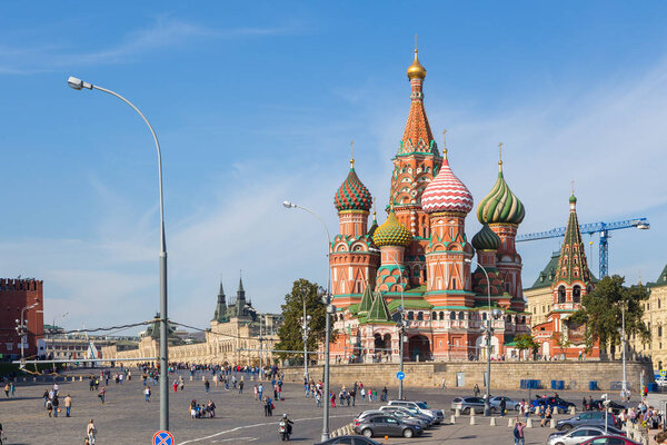 Moscow, Russia- 20 September 2014: Saint Basils Cathedral as viewed from Red Square. The church is part of the Moscow Kremlin and Red Square UNESCO World Heritage Site since 1990.