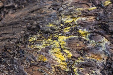 Volkan Tolbachiskiy yakınlarındaki gri, taze lav alanı ve parlak kayalık arazi, Kamçatka, Rusya.