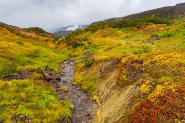 Bulutlarla kaplı Doğu Dağı manzarası, Kamçatka, Rusya.