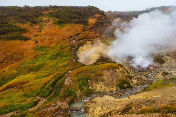 Water damp over de vallei van de kleine geisers. Kamtsjatka, Rusland. — Stockfoto