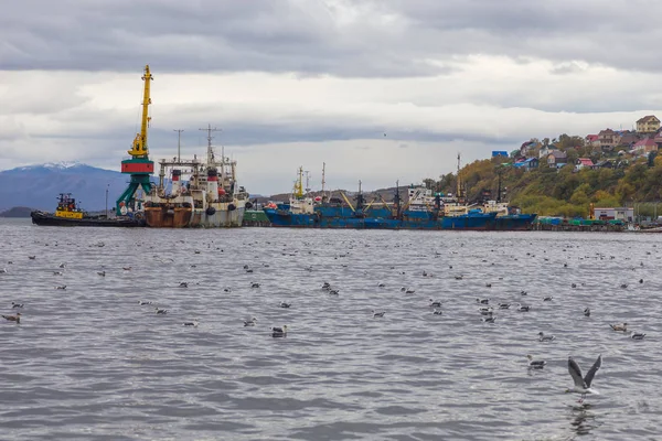 港のクレーンと船の眺め、ペトロパブロフスク・カムチャツキー、ロシア. — ストック写真