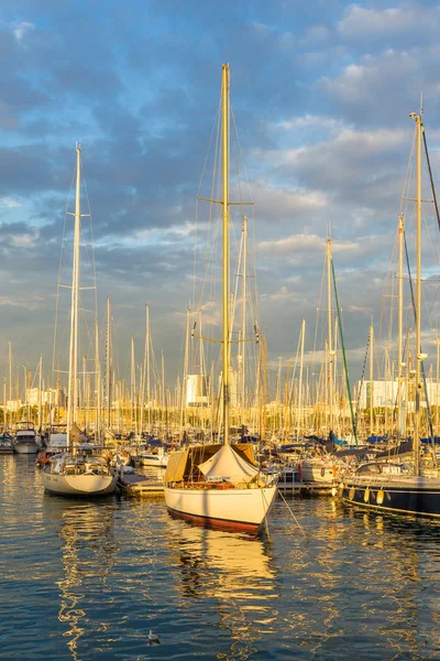 Iates exclusivos ancorados na marina ao pôr do sol, Barcelona, Espanha — Fotografia de Stock