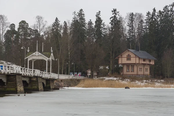 Ponte de madeira, lago e floresta na temporada de inverno, Helsinki, Finlândia . — Fotografia de Stock