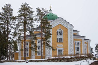 Kerimaki Kilisesi manzarası, en büyük ahşap kilise, Kerimaki, Finlandiya.