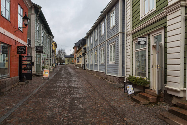 Porvoo, Finland- 04 March 2015: View of the historic Old Town, Vanha Porvoo, with medieval, wooden architecture. Finlands main tourist resort.