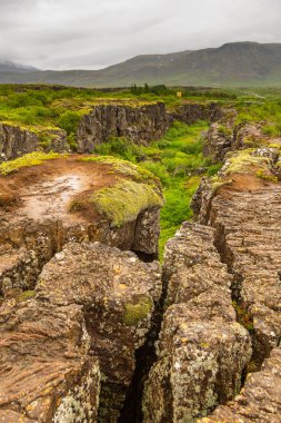 Orta Atlantik Sırtı 'nın tepesini ve Kuzey Amerika ile Avrasya tektonik plakaları arasındaki sınırı gösteren yarık vadisinin manzarası. Thingvellir Ulusal Parkı.