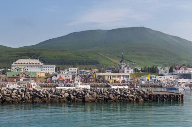 Husavik, İzlanda - 25 Ağustos 2015: Liman demirli kesiciler, halen balina izleme seyahatleri için kullanılıyor.