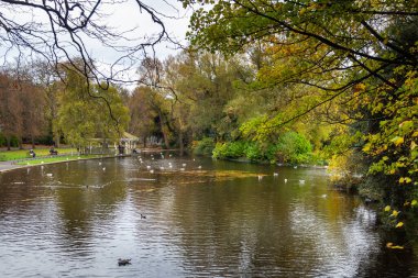 Dublin, İrlanda - 10 Kasım 2015: Orijinal Viktorya tarzı Aziz Stephen Green Park. Gölette dekoratif bir çardak.