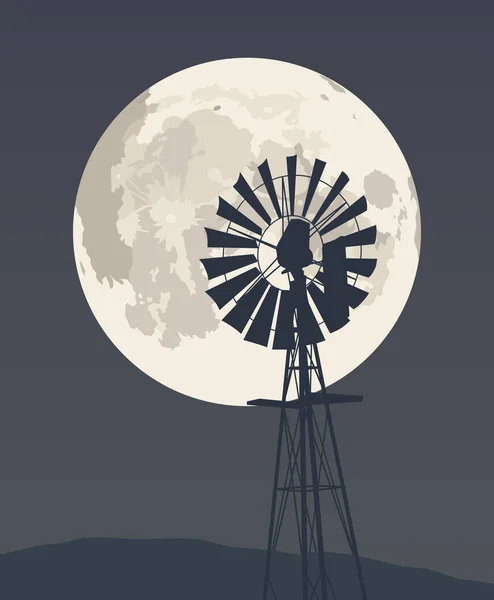 Gece gökyüzünün ve dolunayın arka planında rüzgar pompası