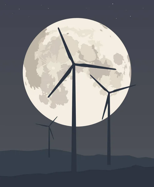 Wind turbine on the background of the night sky and the full moon — Stock Vector