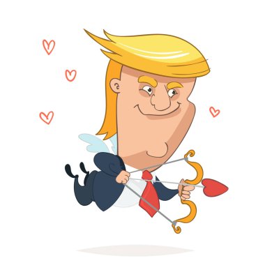Donald Trump karakter portresi havada yüzer ve aşk tanrısı okları çekim kanatlı