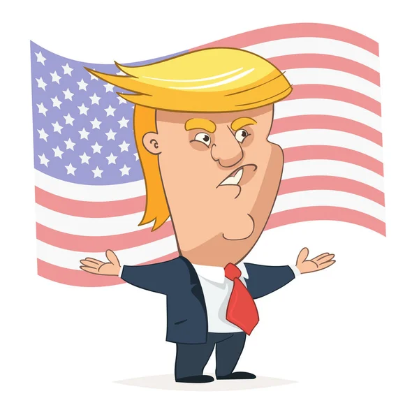 Portret Postaci Donald Trump Machając Rękoma Tle Flaga Narodowa — Zdjęcie stockowe