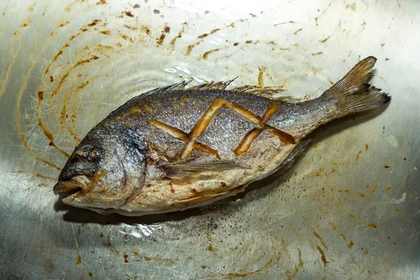 Sterlina Pesce Fresca Preparata Forno Metallo Cucina Ristorante Concentrazione Selettiva — Foto Stock