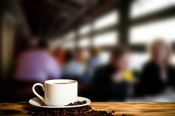 Coffee Cup Wooden Table Defocused Background Collage Selective Focus — Stock Photo, Image