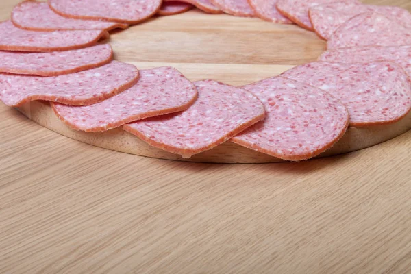Sausage Light Wooden Table Shallow Depth Field Selective Focus — Stock Photo, Image