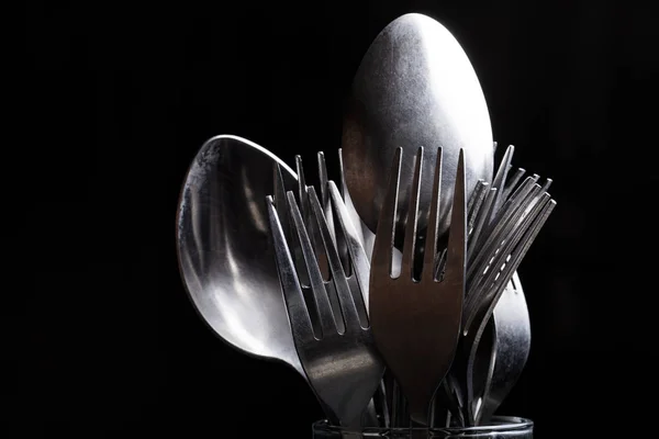 Lot Metal Cutlery Black Background Selective Focus Shallow Depth Field — Stock Photo, Image