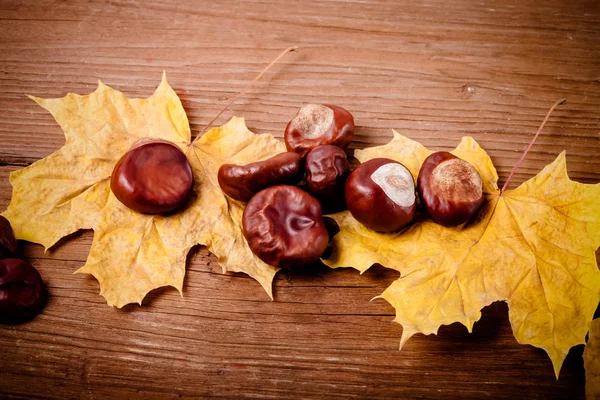 Kastanien Und Herbstlaub Auf Einem Alten Holztisch Gemildert — Stockfoto