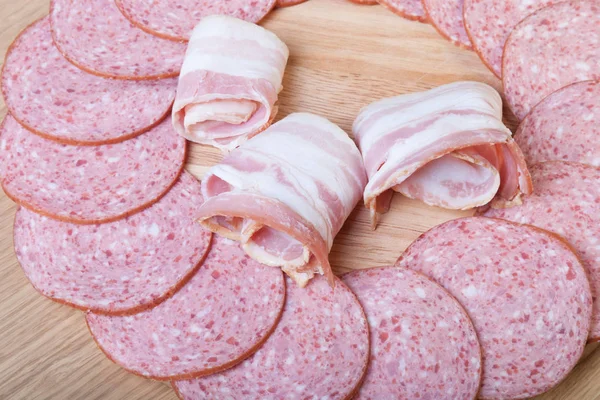 Sausage Light Wooden Table Shallow Depth Field Selective Focus — Stock Photo, Image