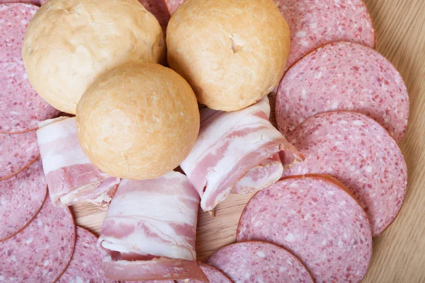 Sausage Bread Light Wooden Table Shallow Depth Field Selective Focus — Stock Photo, Image