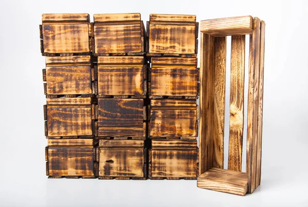 Handmade Burned Wooden Boxes Light Background — Stock Photo, Image