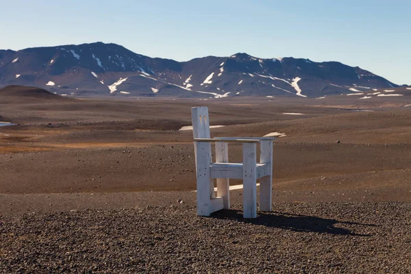 Creative Large Wooden Chair Stony Rocky Desert Landscape Iceland — Stock Photo, Image