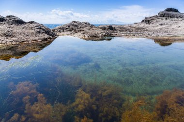 Cape Stolbchaty. Cape Kunashir Adası batı kıyısında. Mendeleyev volkanın bazaltik lavaş katmanların oluşur.