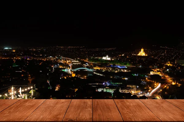 Blick Vom Dunklen Holzsteg Tisch Oder Brücke Auf Die Nächtliche — Stockfoto