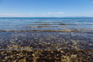 Cape Stolbchaty. Cape Kunashir Adası batı kıyısında. Mendeleyev volkanın bazaltik lavaş katmanların oluşur. Ufukta Japonya'ya ait Hokkaido Adası görebilirsiniz.
