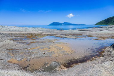 Cape Stolbchaty. Cape Kunashir Adası batı kıyısında. Mendeleyev volkanın bazaltik lavaş katmanların oluşur.