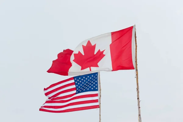 Flags of different USA and Canada on the background of the gloomy sky.